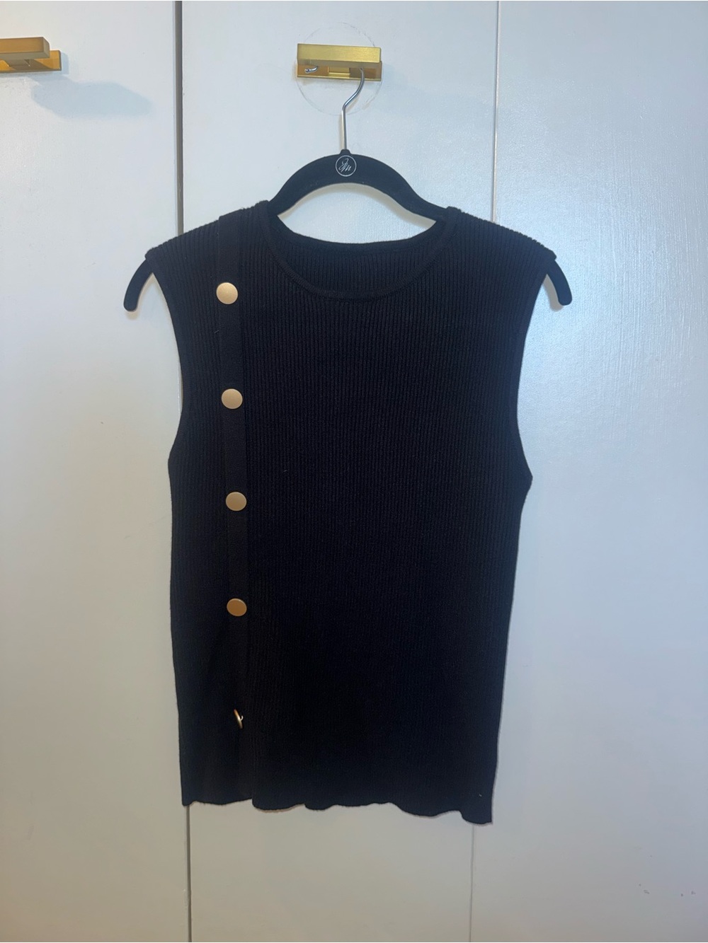 SHEIN Black Ribbed Sleeveless Tank with Gold Side Buttons